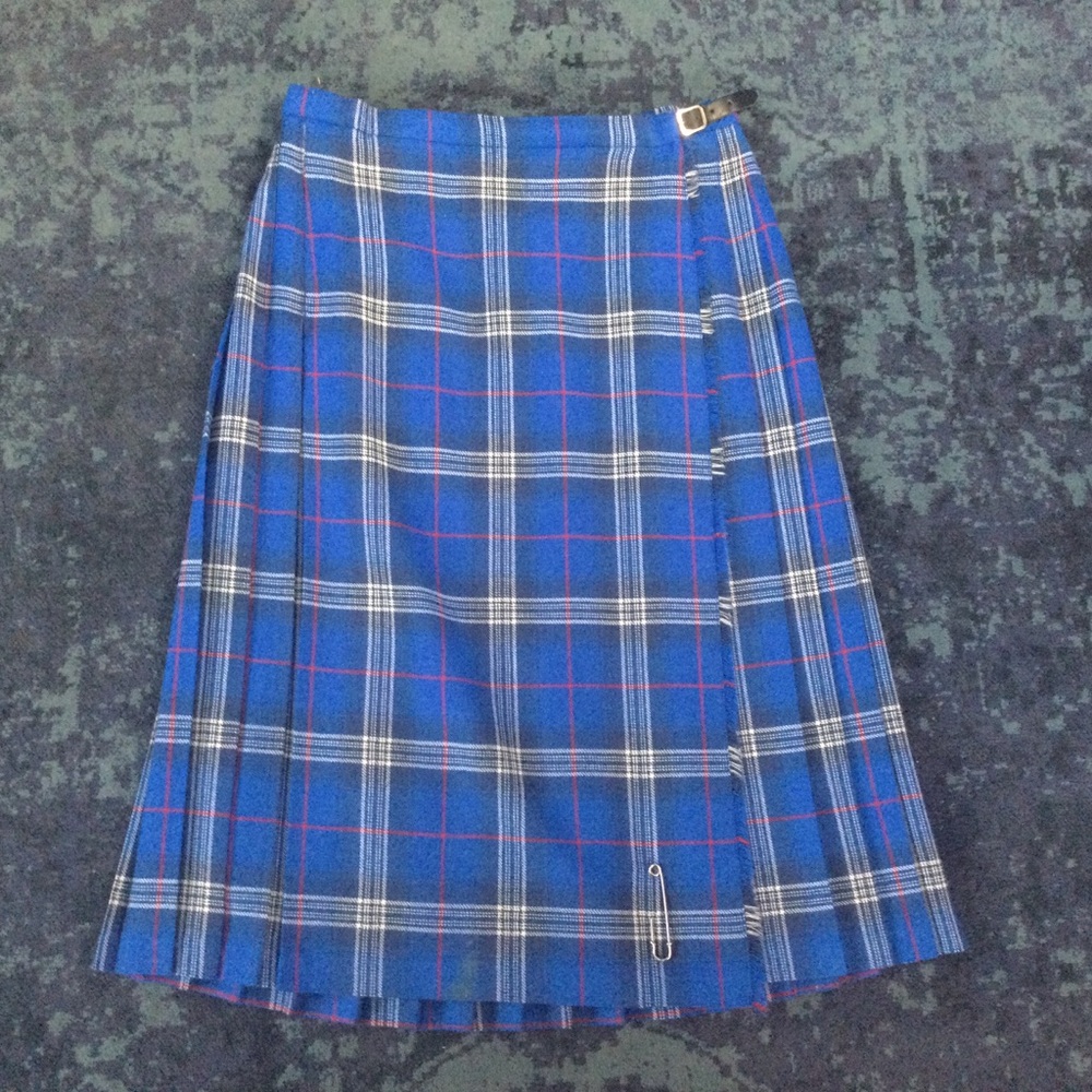 Scottish Blue Tartan Highland Skirt approx 32" Waist Wool Wrap Plaid Pleats